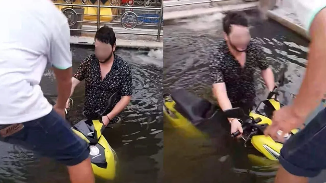 파타야 사원 연못에 빠진 오토바이와 외국인 남성