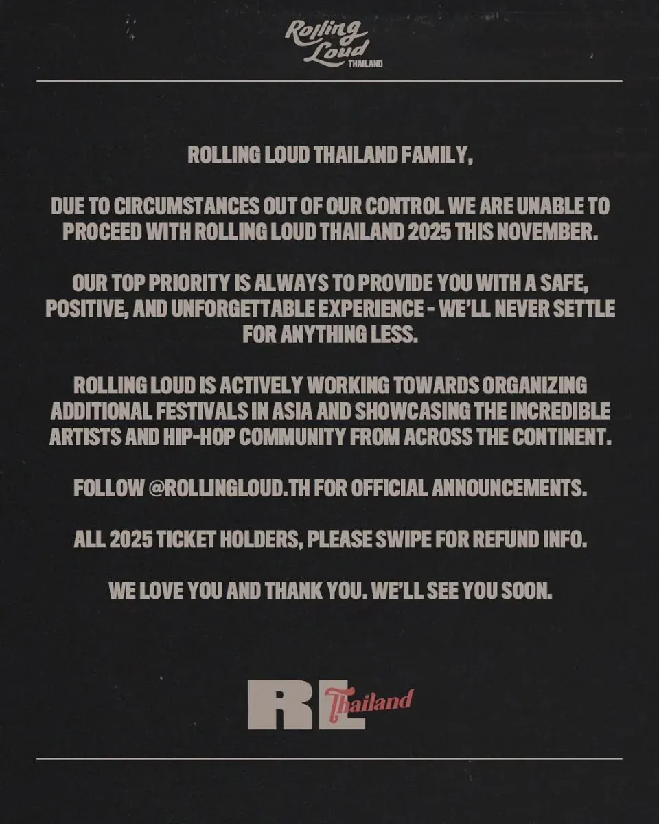 롤링라우드 태국 공식 인스타그램 취소 공지